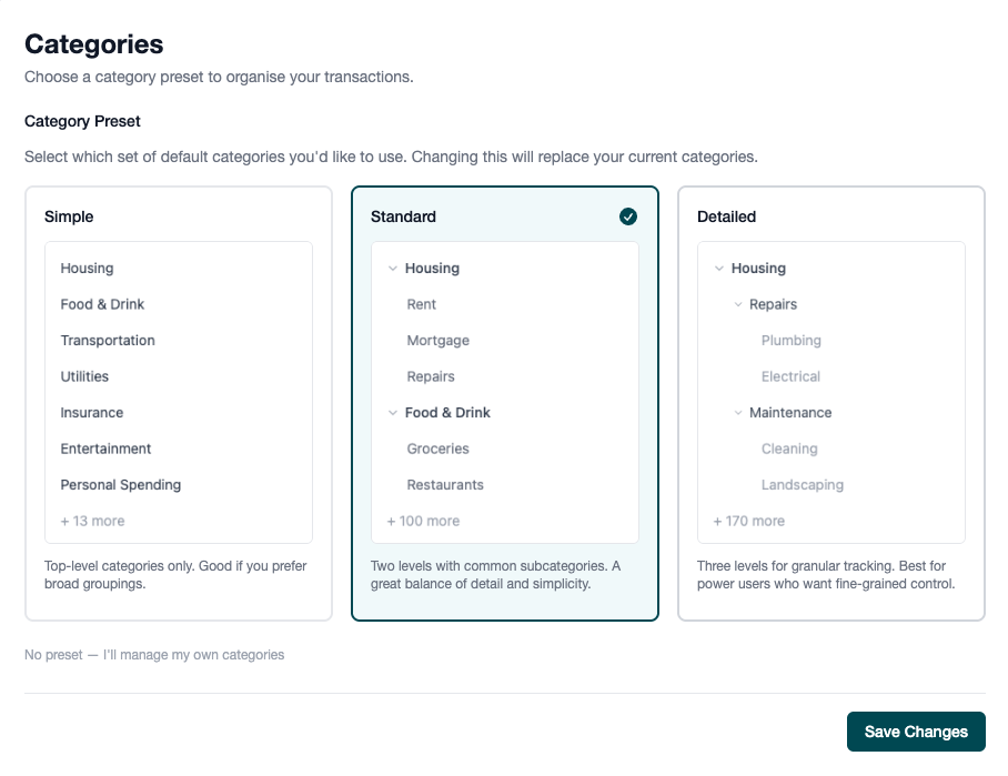 Category preset selection screen showing Simple, Standard, and Detailed options